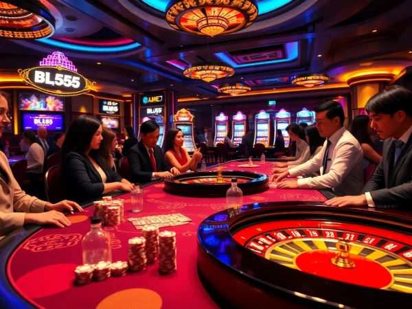 BL555 engaging gamblers at a luxurious casino with poker chips and roulette wheel.