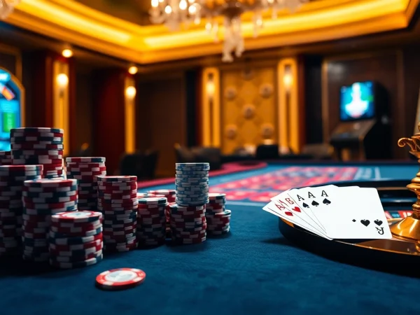 Experience winning thrills at hay.win's casino with vibrant poker chips and a roulette wheel.