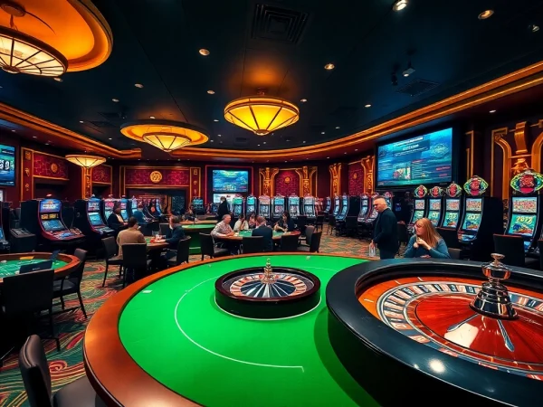 Experience the excitement of OKKING at a luxurious casino with vibrant slot machines and poker tables.