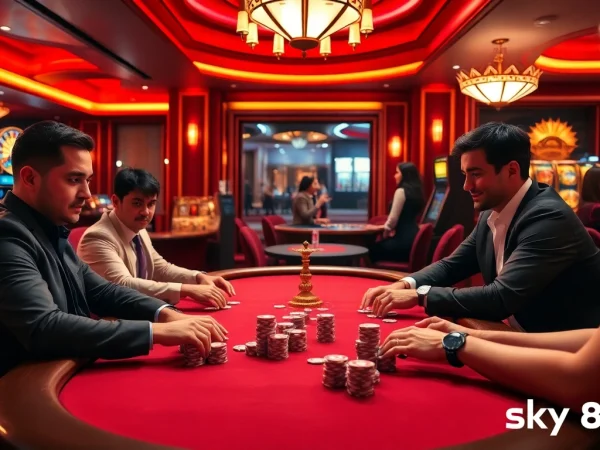 Players strategizing at the poker table in a luxurious casino space promoting sky88.com gaming excitement.