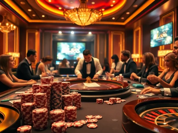 Players experience thrilling card games at a BL555 casino table amidst a luxurious backdrop.