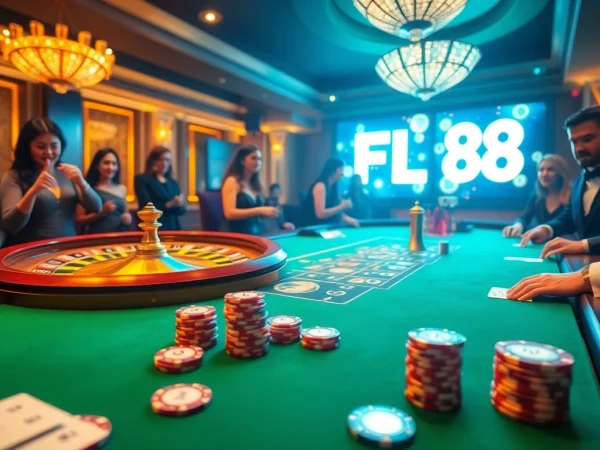 Fly 88 casino scene with poker chips and roulette wheel, showcasing excitement and luxury.