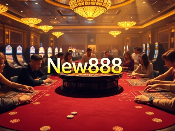 Exciting gambling scene featuring players at New888 table games and slot machines.