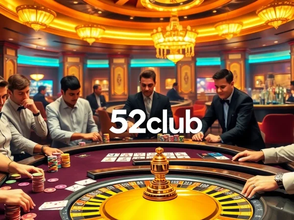 Exciting players at the b52club poker table with colorful chips and cards in a luxurious casino.