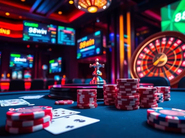 Engage with the ultimate gaming experience at 98win com featuring vibrant poker chips and a roulette wheel.