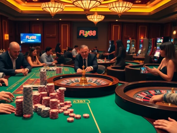 Experience the thrill of online gaming at nhà cái FLY88 with vibrant casino tables and excited gamblers.