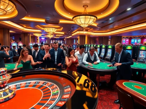 Exciting casino atmosphere with players at tables and slot machines at https://gg88.co.com/.