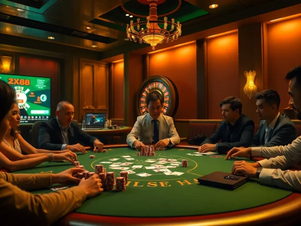 X88 bet: Engaged players at a luxurious casino poker table exuding excitement.