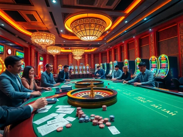 Exciting atmosphere of Kèo Bóng Đá betting with players engaging at casino tables.