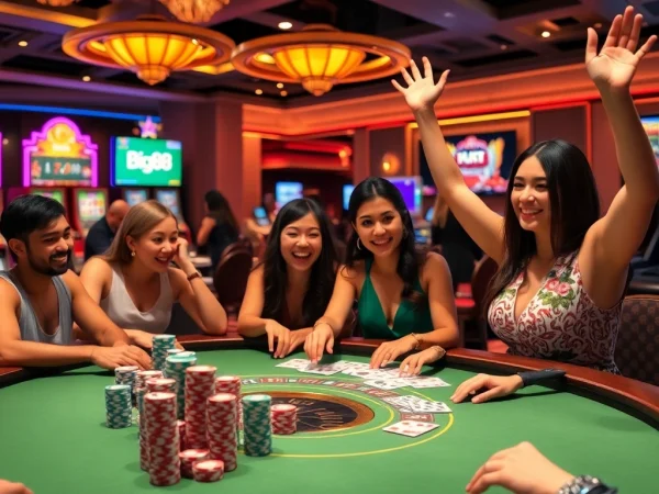 Engaged players enjoying poker games at Big88 online casino with colorful chips and cards.