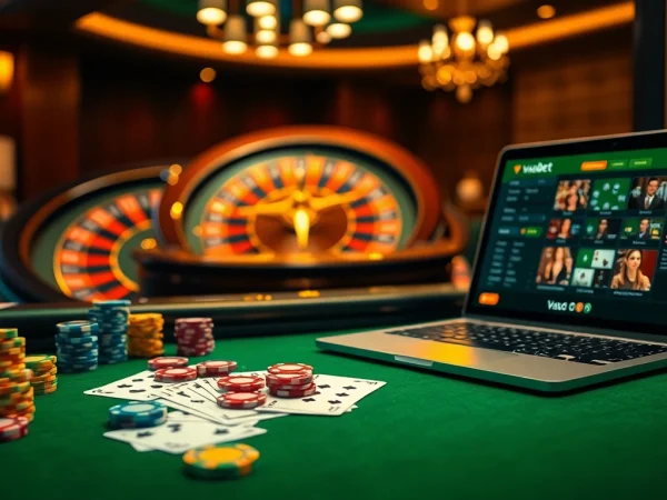 Players engaging in a thrilling game at a vaobet poker table with vibrant chips and cards.