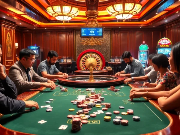 Players enjoying game bài at a vibrant casino table filled with excitement and poker chips.