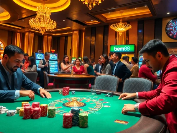 Experience the thrill of gambling at bem88 with lively poker games and vibrant casino decor.
