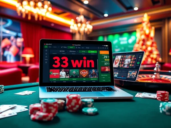 Experience the thrill of 33win bet with a luxurious casino setup featuring roulette and poker.