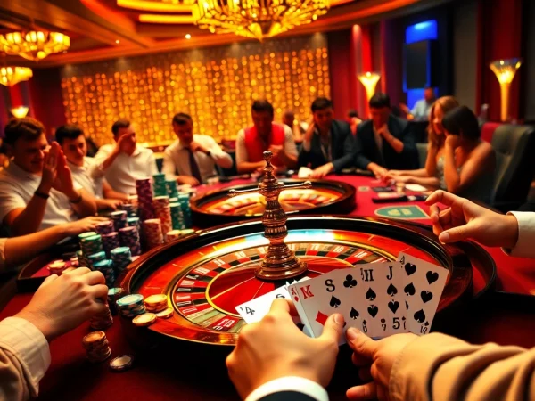 Excited gamblers play at a luxurious casino table with cm88 poker chips, capturing the thrill of the game.