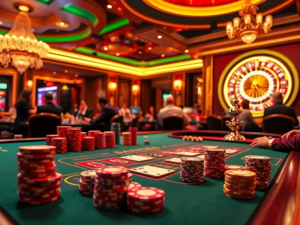 Engage with the thrilling atmosphere of five88bc.com at a high-stakes poker table filled with colorful chips and elegant decor.