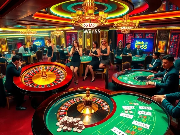Engaged gamblers at a luxurious casino table experience link win55 excitement and high stakes.