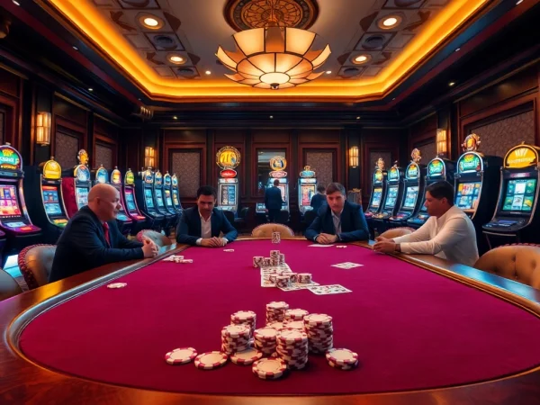 Experience thrilling gameplay at lc88 poker tables with vibrant slot machines around.