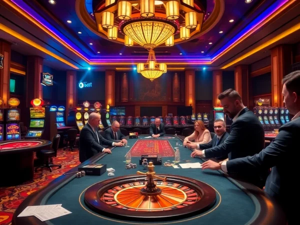 Experience high-stakes gaming excitement with febet's luxurious casino atmosphere filled with vibrant tables and slot machines.