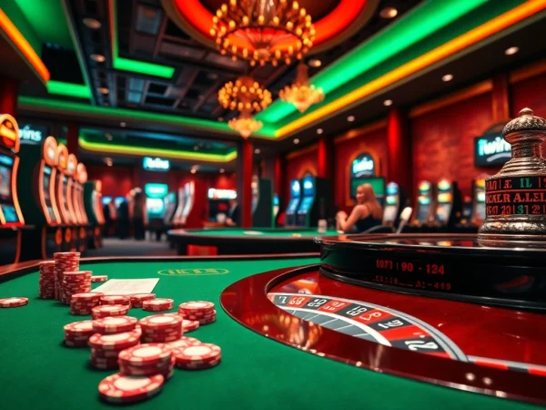 Players engaging with iwins at a vibrant casino table filled with chips and slot machines.