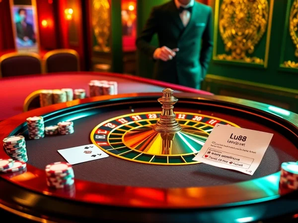 Experience the thrill of winning at lu88vip.net with vibrant casino visuals of roulette and poker chips.