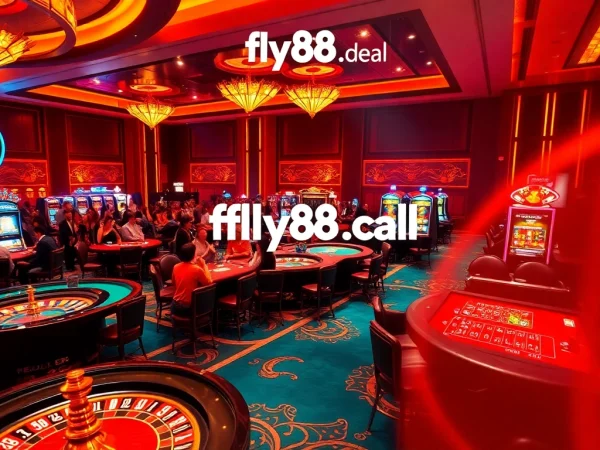 A dynamic casino scene with players enjoying games like poker and roulette at fly88.deal, highlighting luxury and excitement.