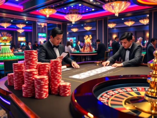 Engage with the vibrant atmosphere of trang chu luckywin featuring a lively poker game with professional dealers and excited players.