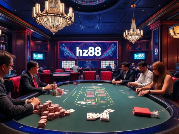Exciting action at an HZ88 poker table with vibrant chips and cards, showcasing casino luxury.