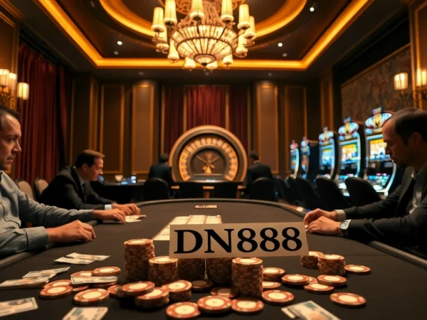 DN88 poker chips and table game in a luxurious casino setting, showcasing high-stakes gameplay.