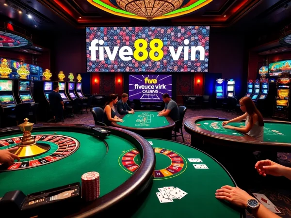 Experience the thrill of five88 vin at a luxurious casino with roulette, cards, and lively players.