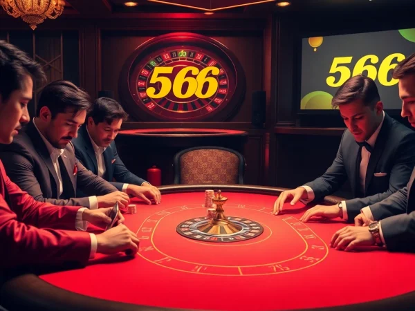 High-stakes action at the 566 casino with professional gamblers at a poker table.