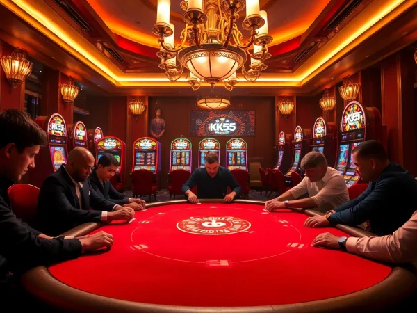 Experience high-stakes poker action at KK55 with elegant tables and vibrant slot machines.