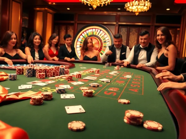 Excited gamblers engaging in a thrilling baccarat game at 88i casino, surrounded by chips and cards.