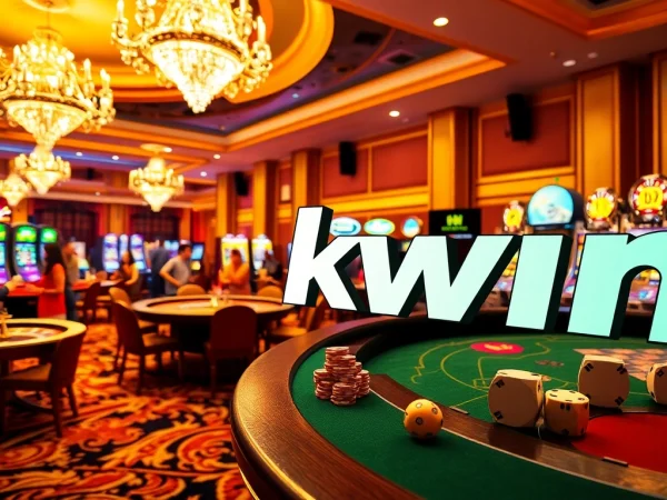 Kwin casino scene showcasing dynamic players at roulette and poker tables filled with excitement.