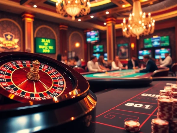 Engaging casino scene with a roulette wheel, poker table, and themes of vvjl6 com.