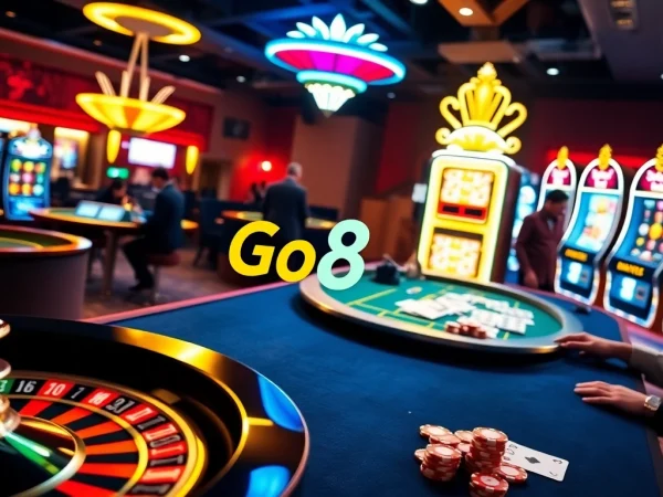 Engaging casino environment showcasing Go8 Link, vibrant slot machines, and players enjoying games.