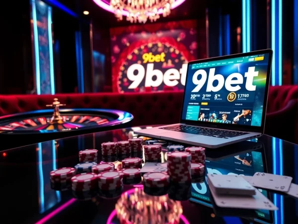 Experience thrilling gaming actions at 9bet, showcasing cards and chips in an exciting casino setup.