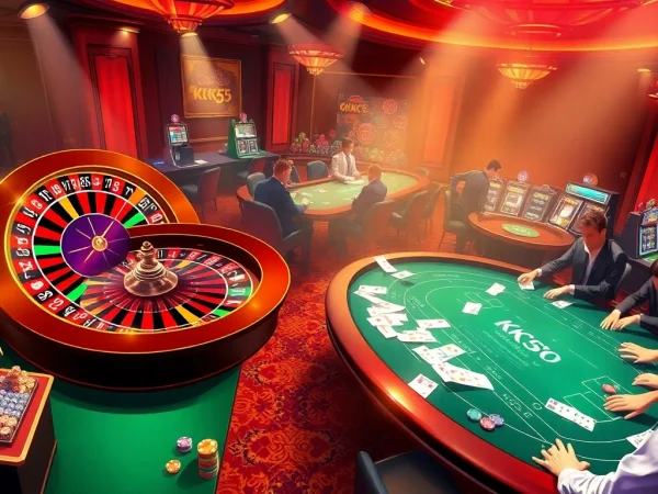 Players strategizing at the KK55 casino tables, highlighting the excitement of winning chips and bets.