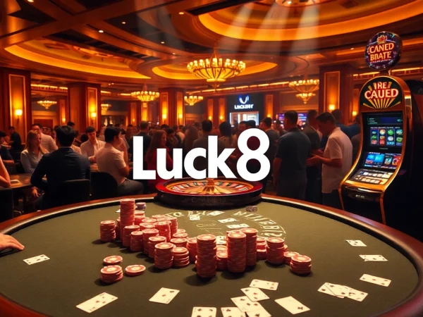 Exciting scene showcasing Luck8 with vibrant casino elements like poker chips and a roulette wheel.