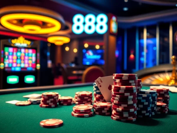 Poker game in an upscale casino featuring 88i poker chips and cards in play, exuding excitement and luxury.