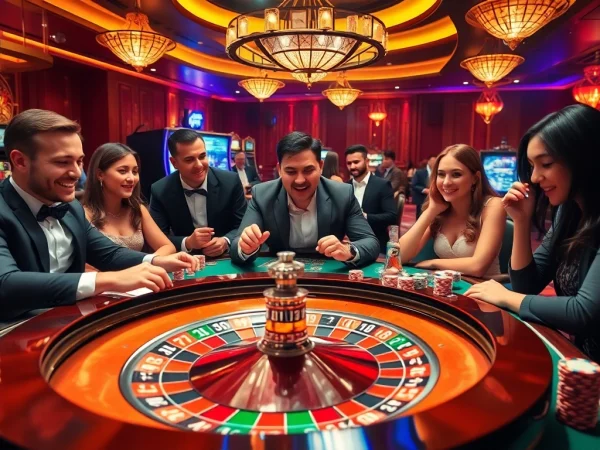 Engaged players strategizing around a roulette table featuring the keyword xo88t3 in vibrant casino environment.