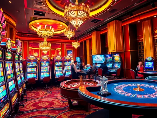 Engaging gaming scene featuring website nk88 with excitement of table games and vibrant slot machines.