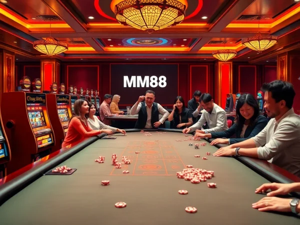 Gamblers enjoying a luxurious casino experience at MM88, featuring vibrant slot machines and poker tables.