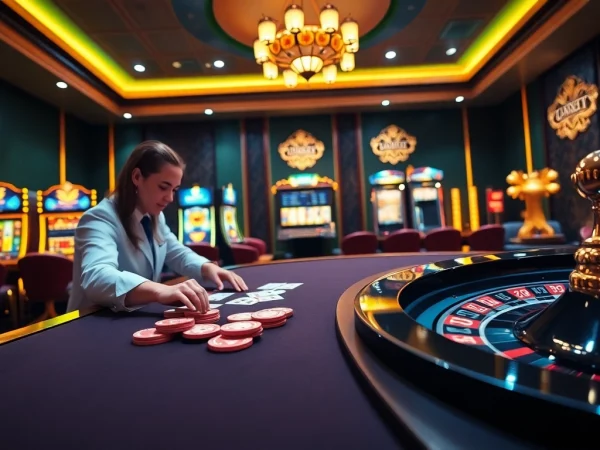 Experience the excitement of betting at dom88.us.com with a luxurious casino setup featuring professional dealers and vibrant slot machines.