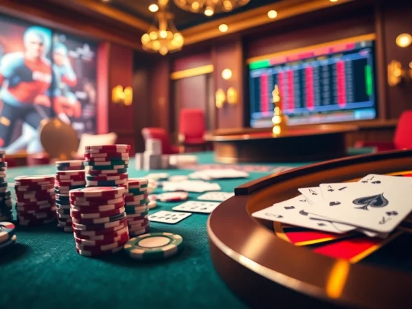 Engaging scene of nhà cái thể thao BL555 with poker chips and a roulette wheel in an elegant casino atmosphere.
