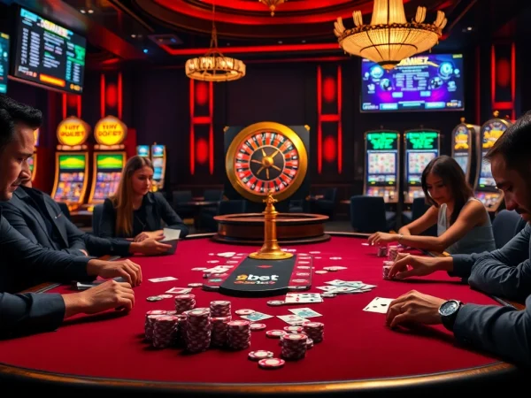 Players engage in a thrilling poker game at 89bet's luxurious casino, surrounded by chips and cards.