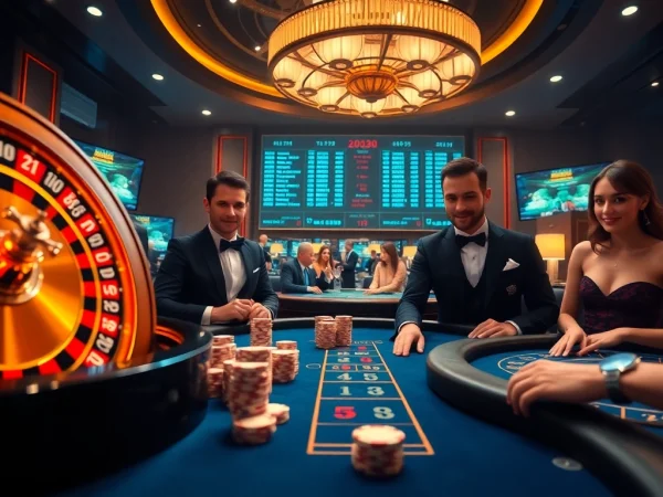 Experience kèo trực tuyến excitement at a luxurious casino, featuring poker chips and roulette wheels.