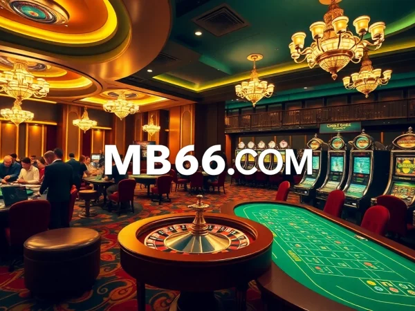 Players engaging at a luxurious casino with MB66.COM signage, capturing excitement and a premium gambling experience.