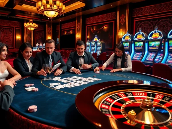 Gamblers enjoying a thrilling game at the haywin casino table with sparkling poker chips.