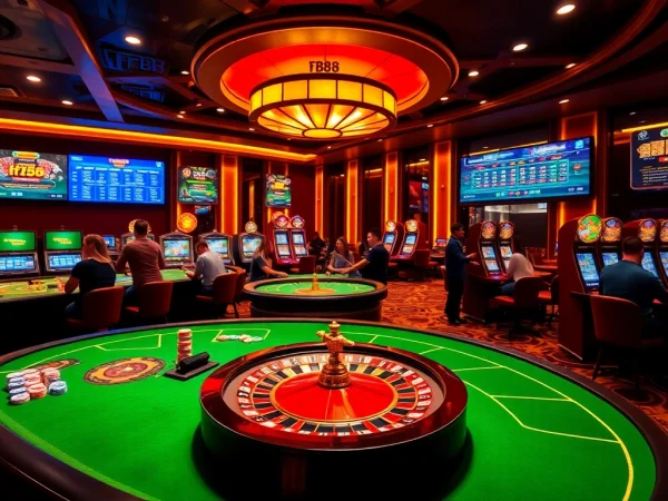 Excited gamblers enjoying table games and slots at fb88's vibrant online casino.